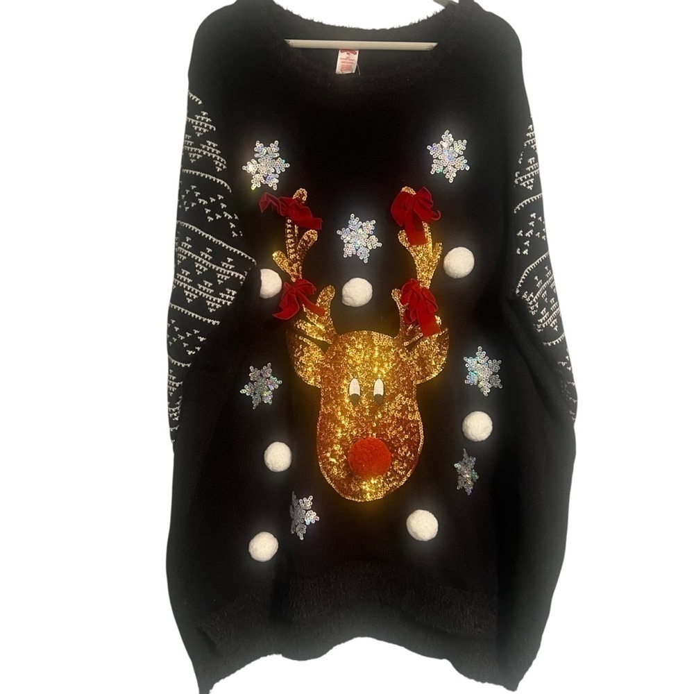 Black Reindeer sequin Christmas Sweater Rudolph